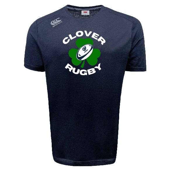 The Clover Blue Eagles Rugby Tempo Vapodri T-Shirt by Canterbury from WRS Canterbury is a navy blue shirt featuring a white rugby ball and green clover logo on the chest, designed with VapoDri technology for superior moisture-wicking performance.