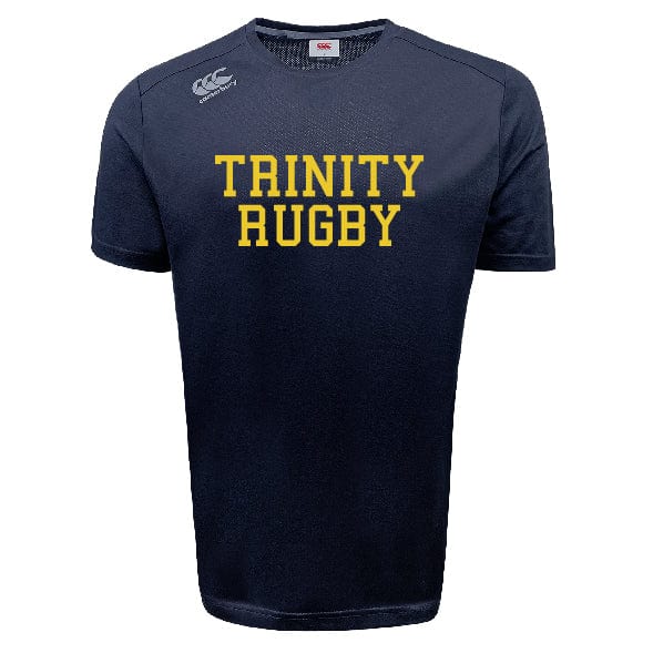 The Trinity College Tempo Vapodri T-Shirt by Canterbury is a navy blue shirt with "TRINITY RUGBY" printed in yellow text on the front. It also features a small WRS Canterbury branding on the shoulder and includes moisture-wicking VapoDri technology for enhanced comfort.