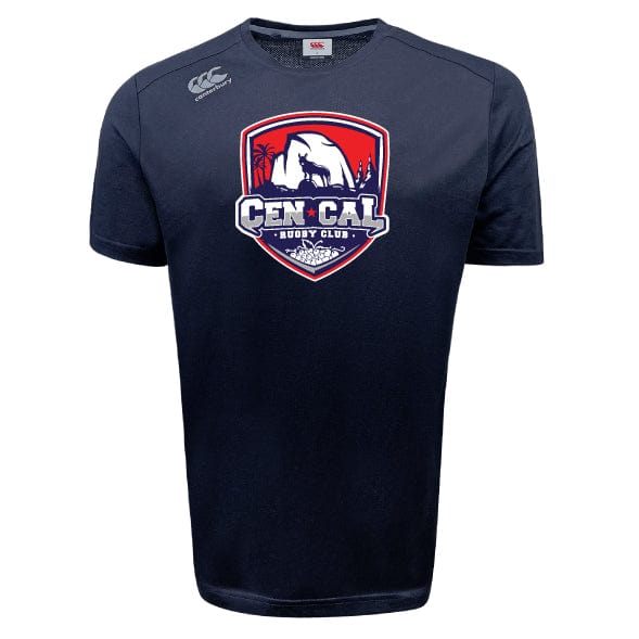 The CenCal Rugby Tempo Vapodri T-Shirt by WRS Canterbury is a navy blue short-sleeve tee featuring the Cen Cal Rugby Club logo in red, white, and blue on the front and a small white logo on the right shoulder. Stay cool and comfortable.
