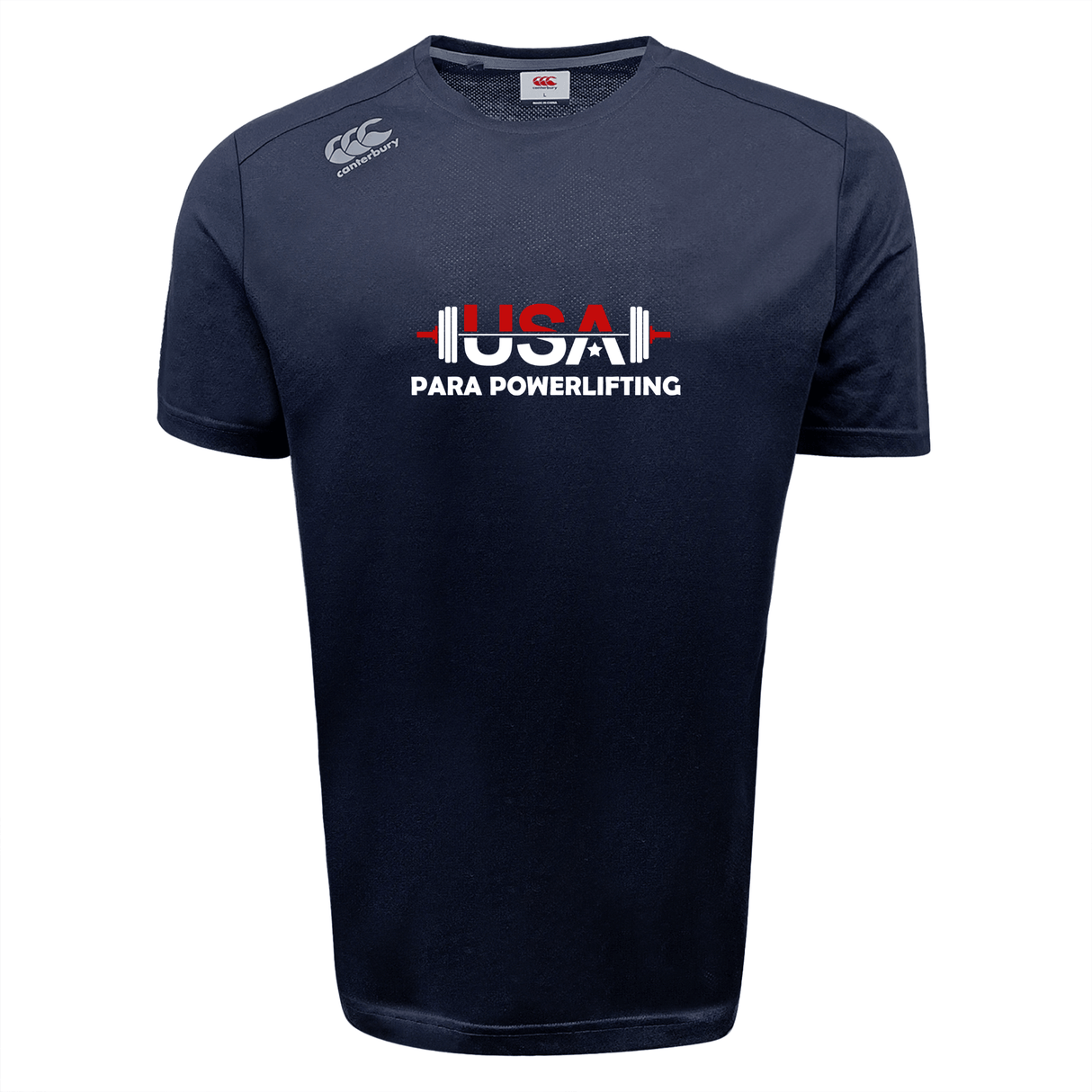 The USA Para Powerlifting Tempo Vapodri T-Shirt by WRS Canterbury features "USA Para Powerlifting" text with a barbell graphic on the front, in navy blue moisture-wicking fabric for comfort.