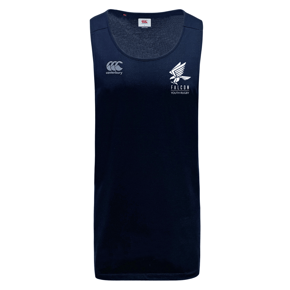 The Falcon Youth Rugby Tempo Vapodri Singlet by EMB Canterbury is a navy blue sleeveless jersey made of recycled polyester. It has moisture-wicking features, a logo on the left chest, and "FALCON YOUTH RUGBY" text to keep athletes cool and comfortable.