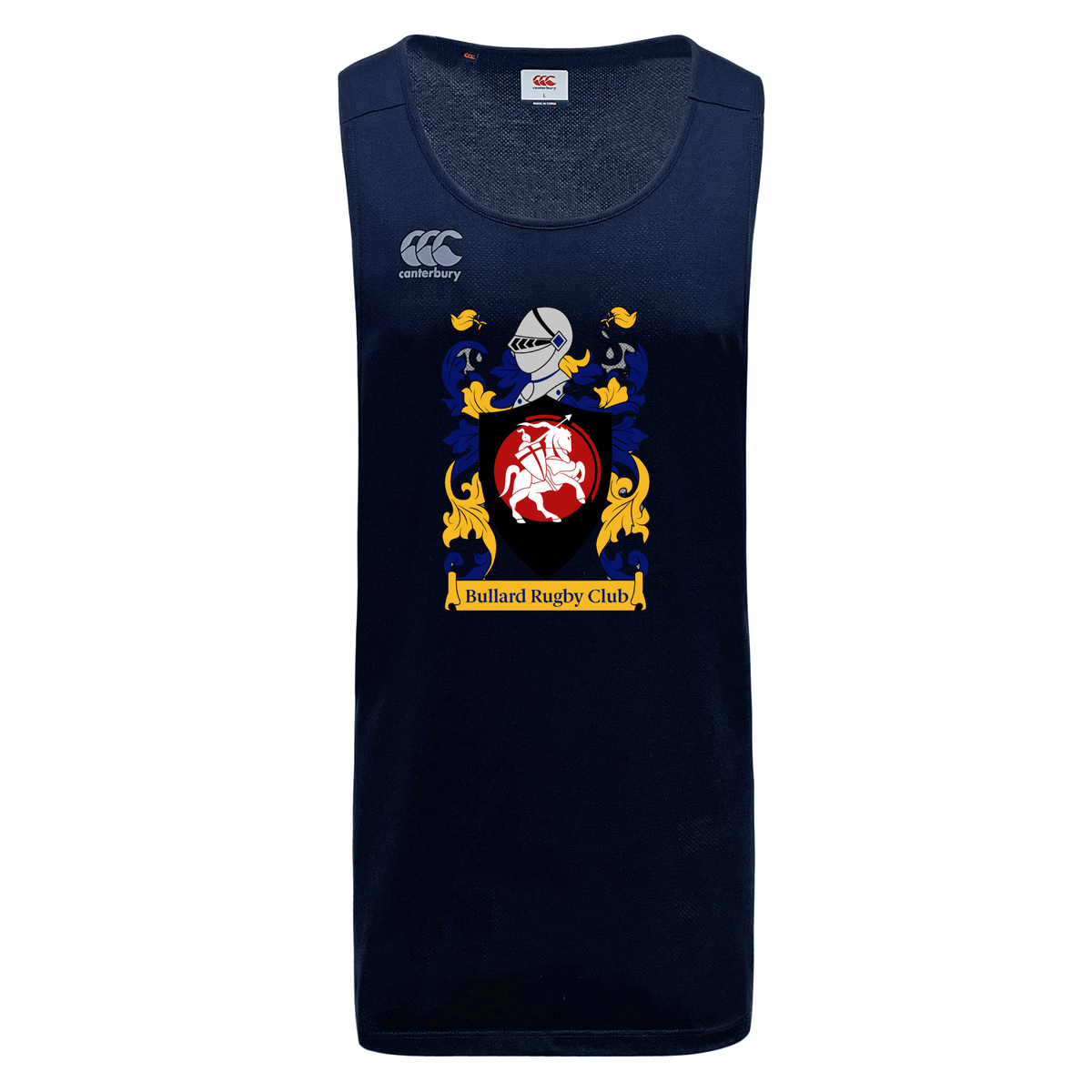 Introducing the CenCal Youth Bullard Tempo Vapodri Singlet by WRS Canterbury: a dark blue rugby tank top made from recycled polyester, showcasing a crest design with a helmet, horse, and yellow scrolls labeled "Bullard Rugby Club." Experience superior performance with integrated VapoDri technology.
