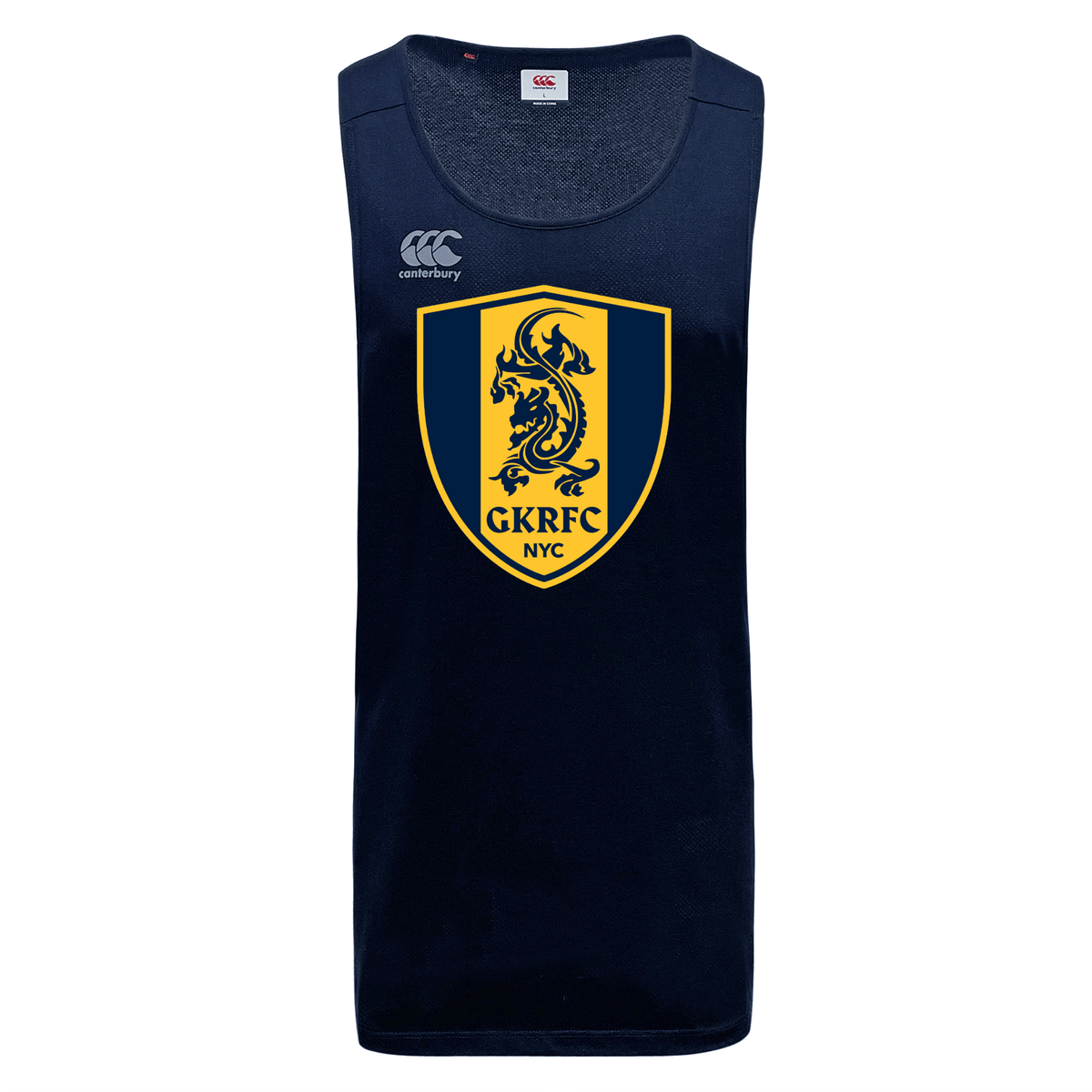 The Gotham Knights Tempo Vapodri Singlet by WRS Canterbury in navy blue displays a yellow and blue shield with a dragon and the "GKRFC NYC" text. Made from recycled polyester, it includes the Canterbury logo on the left shoulder and is designed with VapoDri technology to ensure optimal comfort.