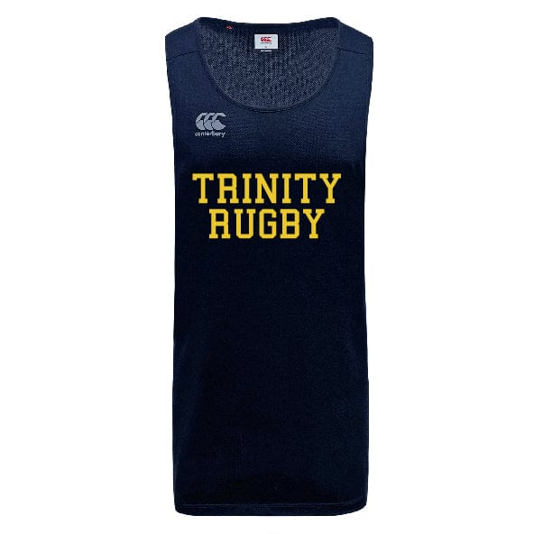 The Trinity College Tempo Vapodri Singlet by WRS Canterbury is a dark blue rugby tank top made from recycled polyester, featuring "TRINITY RUGBY" written in yellow on the front and a small white Canterbury logo on the upper left. It incorporates VapoDri technology to keep you cool.