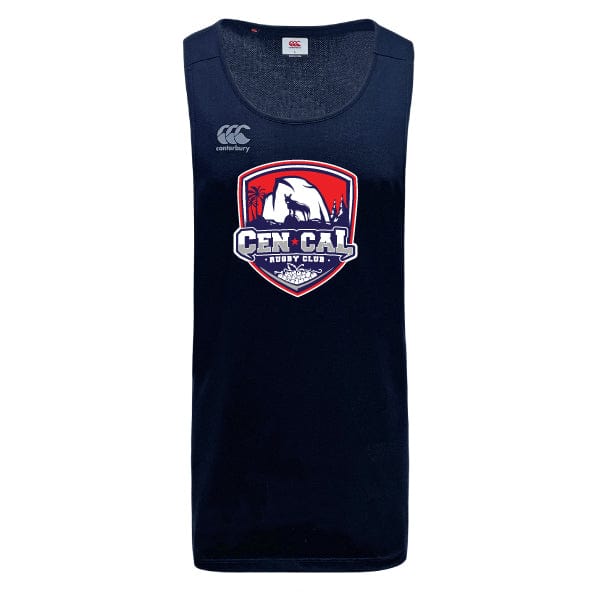 The CenCal Rugby Tempo Vapodri Singlet by WRS Canterbury is a navy blue sleeveless rugby jersey featuring the Cen Cal Rugby Club and white Canterbury logos on the chest, made with VapoDri technology for superior comfort.