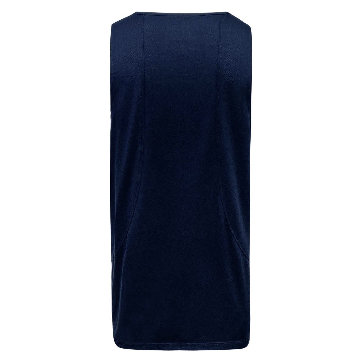 Back view of a sleeveless navy blue Canterbury Tempo Vapodri Singlet. The fabric appears smooth and the top has simple, straight seams with quick-drying VapoDri technology for added comfort.