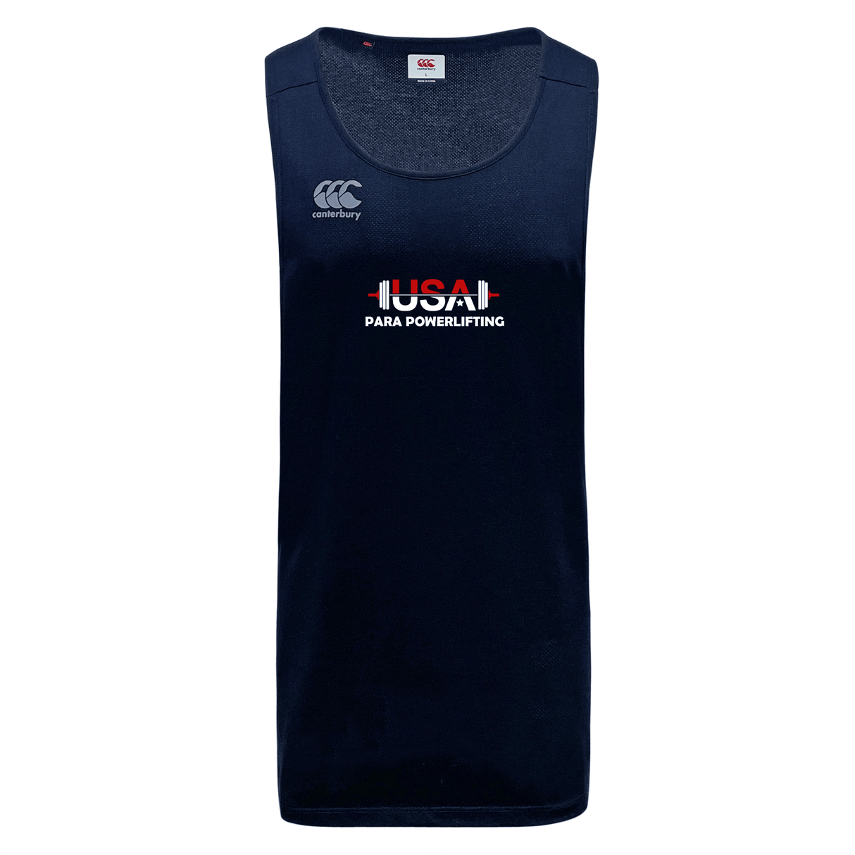 The USA Para Powerlifting Tempo Vapodri Singlet by WRS Canterbury is a navy blue sleeveless athletic tank top made from recycled polyester, featuring the Canterbury logo, "USA Para Powerlifting" text, and a red barbell graphic on the front.