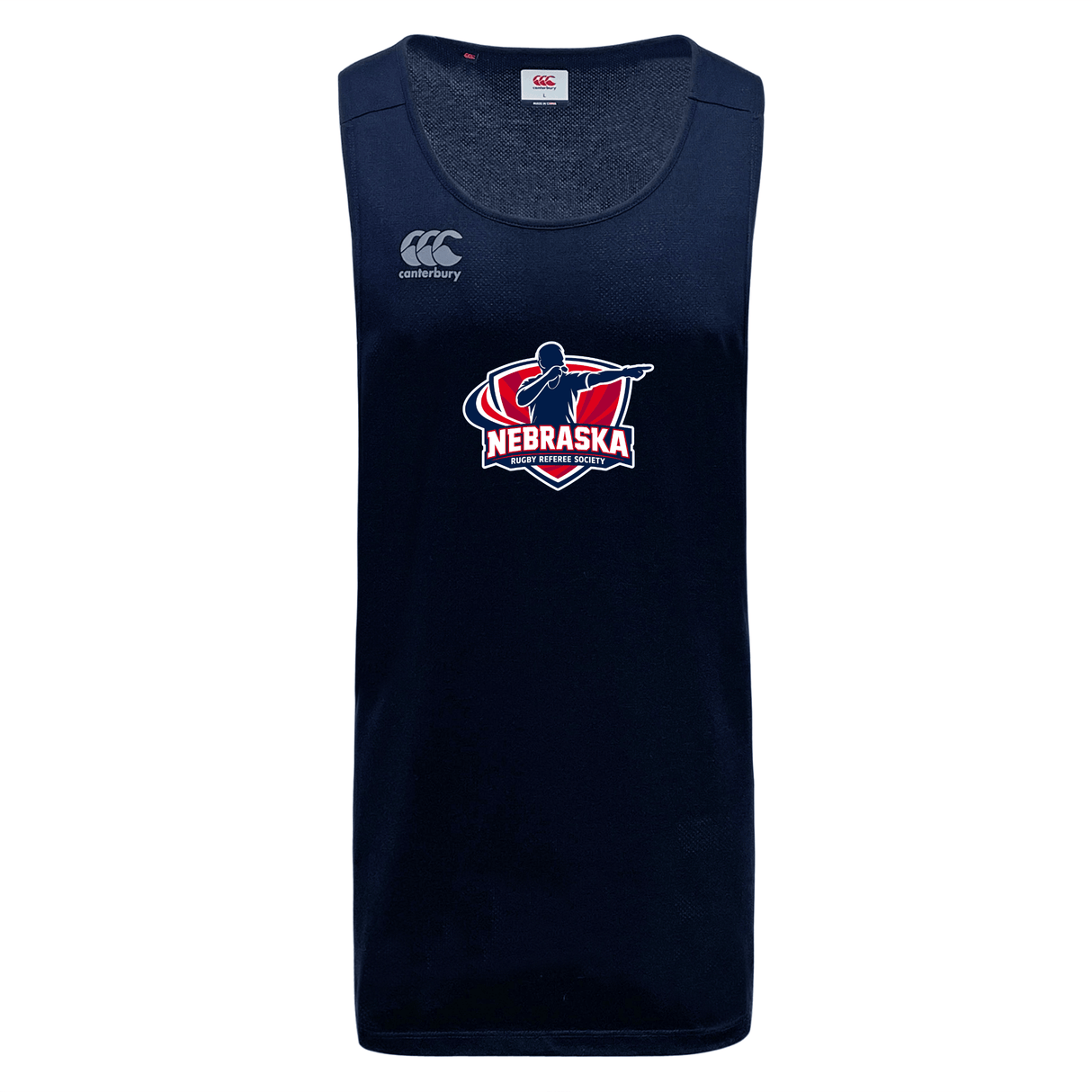 The Nebraska Rugby Referee Society Tempo Vapodri Singlet by WRS Canterbury is a navy blue, moisture-wicking athletic tank top featuring the Nebraska Cricket logo on the chest and a small Canterbury logo on the right shoulder.