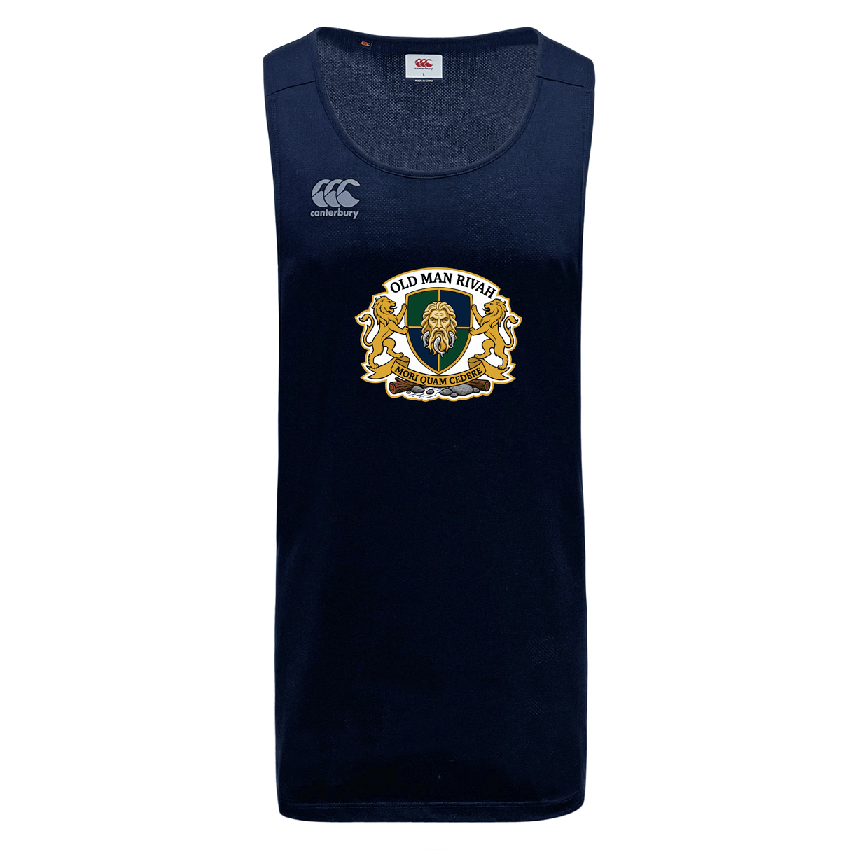 Stay cool with the navy Old Man Rivah Rugby Tempo VapoDri Singlet by WRS Canterbury, made from moisture-wicking recycled polyester, featuring the "OLD MAN RIVAH" crest, lion emblem on the chest, and Canterbury logo on the right shoulder.