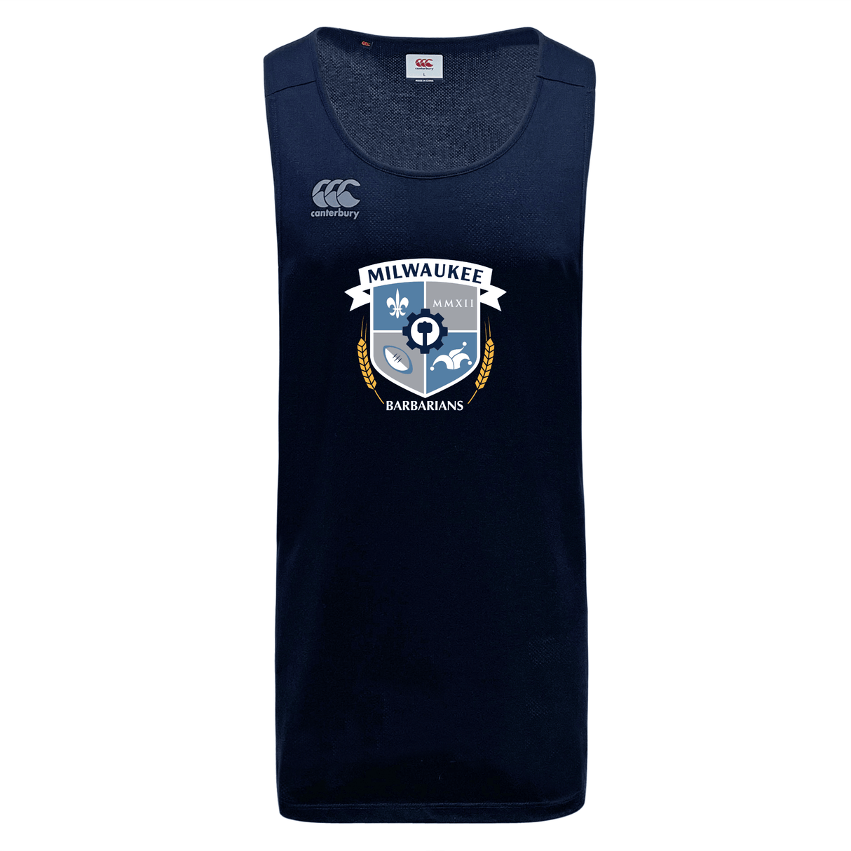 The Milwaukee Barbarians Rugby Tempo Vapodri Singlet by WRS Canterbury is a navy blue recycled polyester sleeveless jersey with the club crest and a white Canterbury logo on the chest.