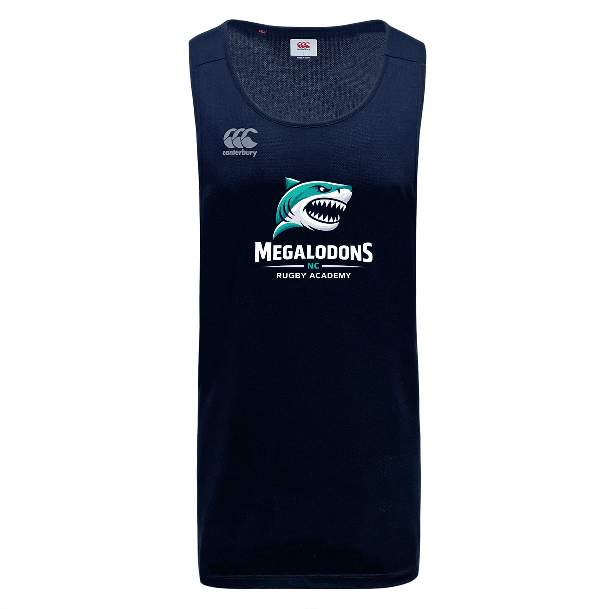 The NC Rugby Academy - Megalodons Tempo Vapodri Singlet by WRS Canterbury is a navy blue, moisture-wicking rugby jersey with a shark logo and "Megalodons NC Rugby Academy" on the front, crafted from recycled polyester.