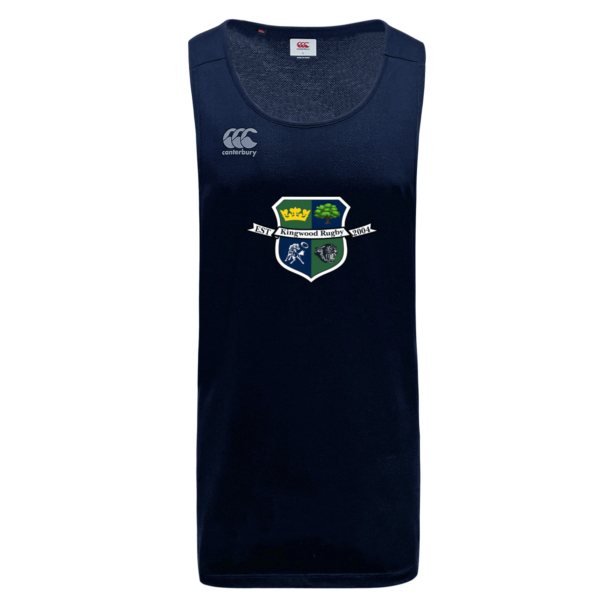 The Kingwood Rugby Tempo Vapodri Singlet by WRS Canterbury is a navy blue tank top with a school crest and white Canterbury logo, made from moisture-wicking recycled polyester for cool, comfortable performance.