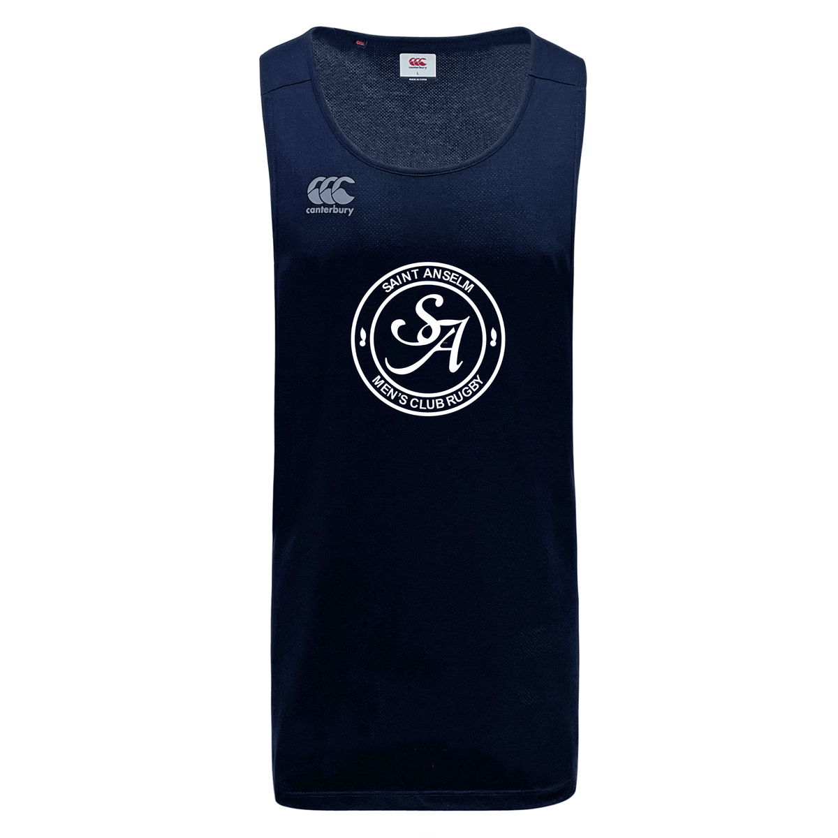 The Saint Anselm College Club Rugby Tempo Vapodri Singlet by WRS Canterbury is a navy blue athletic tank top made from recycled polyester, featuring "Saint Anselm Men's Club Rugby," the "SA" logo, and a Canterbury logo on the right shoulder.