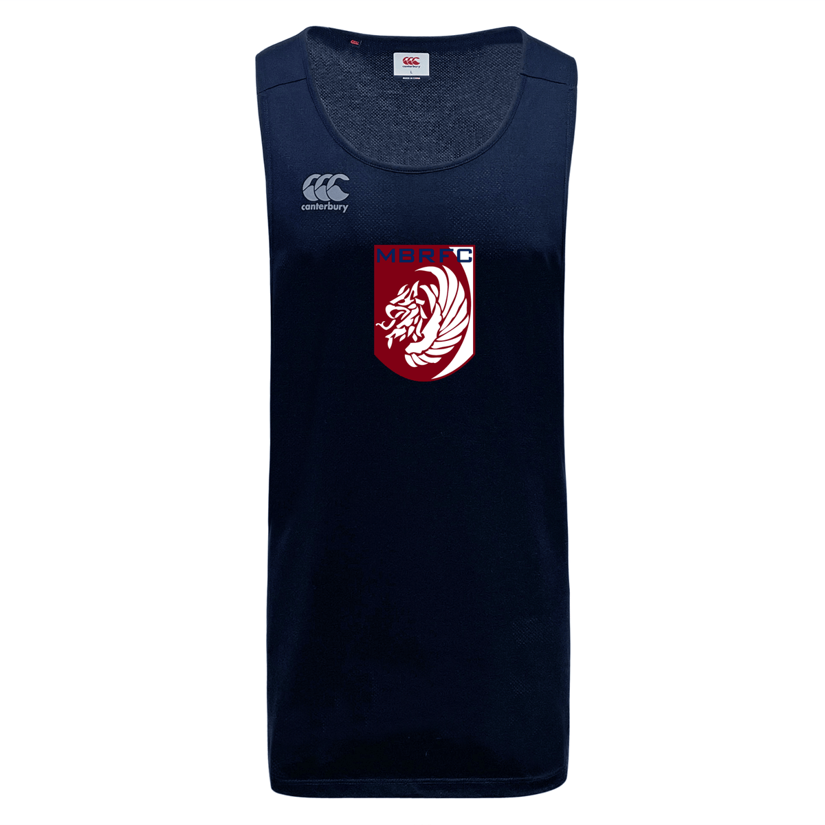The Montgomery Bucks Griffins Tempo Vapodri Singlet by WRS Canterbury is a navy athletic tank top with a white Canterbury logo on the right chest and a red and white MBRFC lion crest on the left, made from recycled polyester for eco-friendly performance.