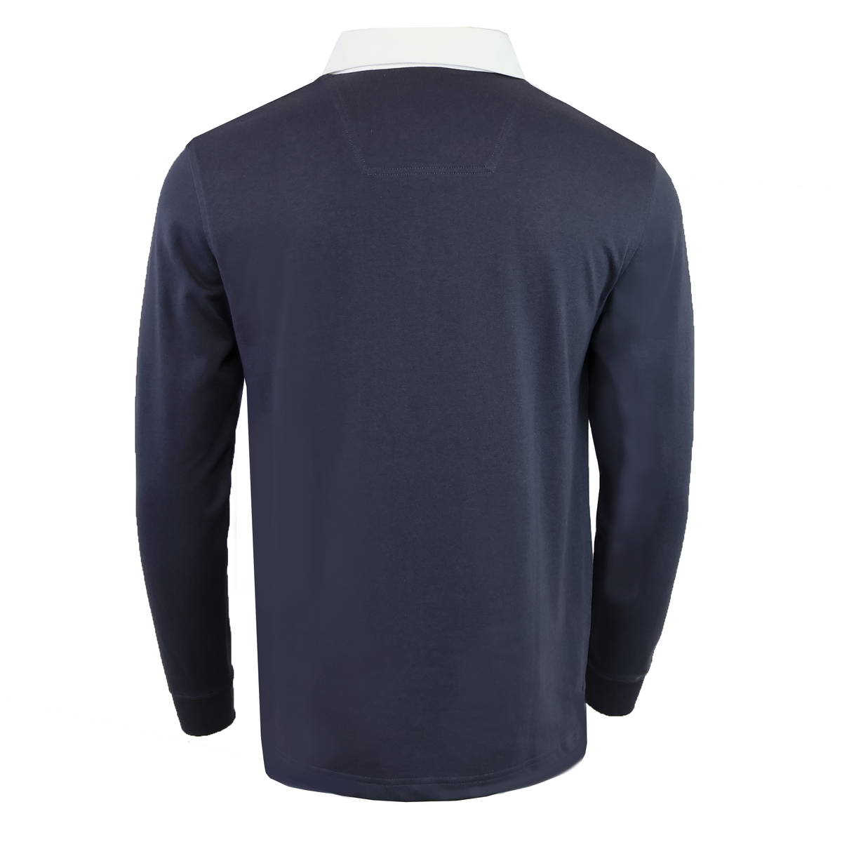 The Canterbury Fundamental Solid Dye Long Sleeve Rugby Jersey by Canterbury features a navy blue design with a white collar, shown from the back on a plain white background, blending classic style with versatile wear.