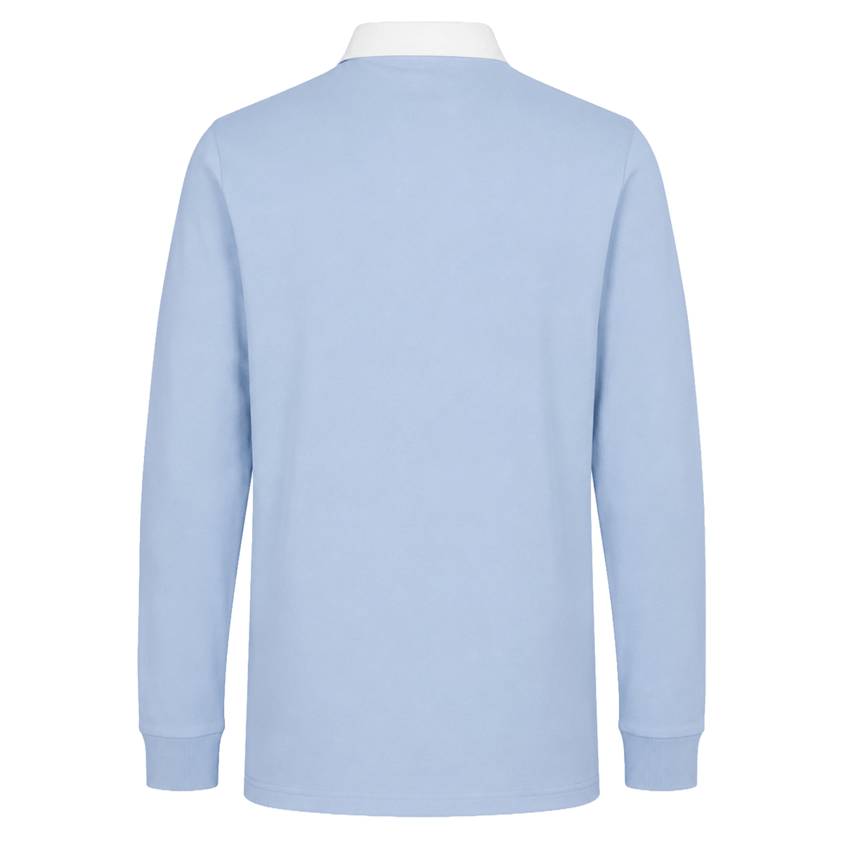 The Canterbury Solid Dye Rugby Jersey by Canterbury is a light blue, long-sleeve shirt with a white collar, displayed from the back on a plain white background.