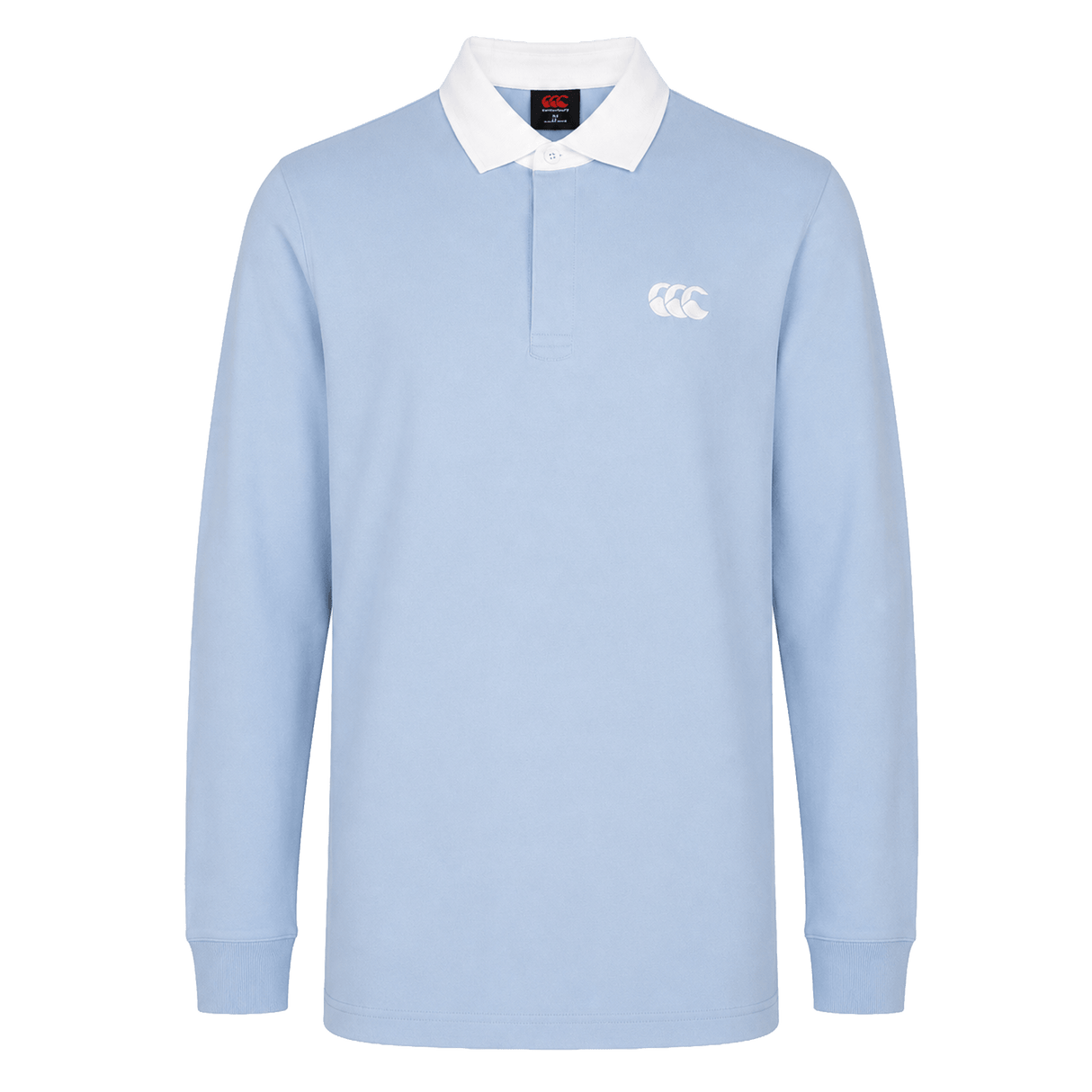 The Canterbury Solid Dye Rugby Jersey by Canterbury features a light blue color, long sleeves, white collar, and the classic logo on the left chest. Shown against a plain white background.