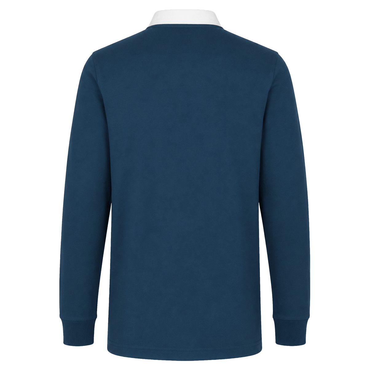 Back view of the Canterbury Solid Dye Rugby Jersey by Canterbury in navy blue with a white collar and ribbed cuffs, shown on a plain white background.
