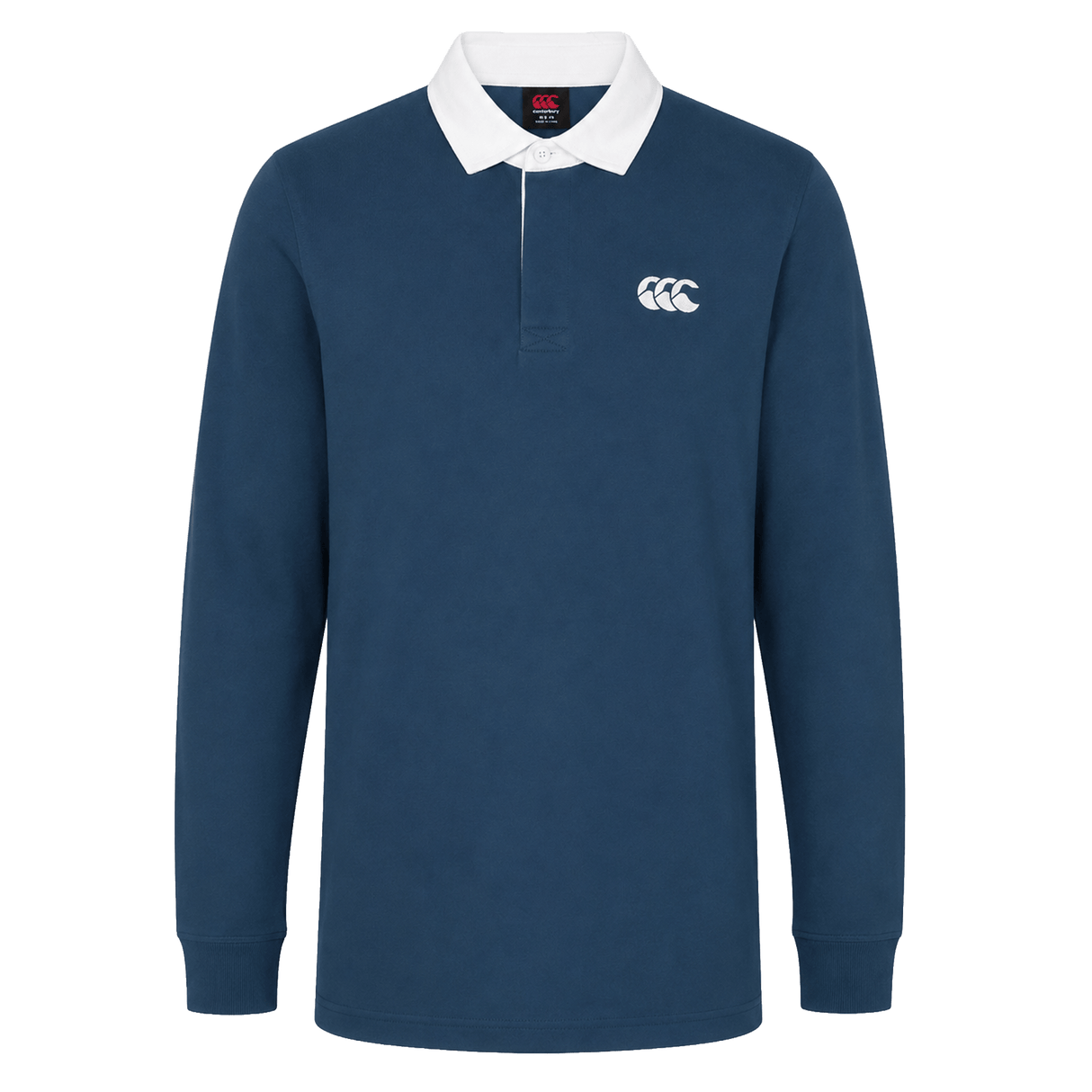 The Canterbury Solid Dye Rugby Jersey features long sleeves, a navy color, a white collar, and the Canterbury logo on the left chest, shown against a plain white background.