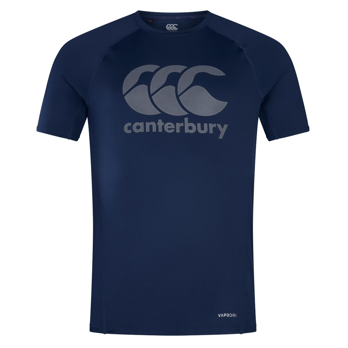 The Canterbury Large Logo Superlight Tee features a navy blue, short-sleeve design with a bold gray Canterbury logo and "canterbury" text—ideal as a lightweight performance shirt for rugby training.