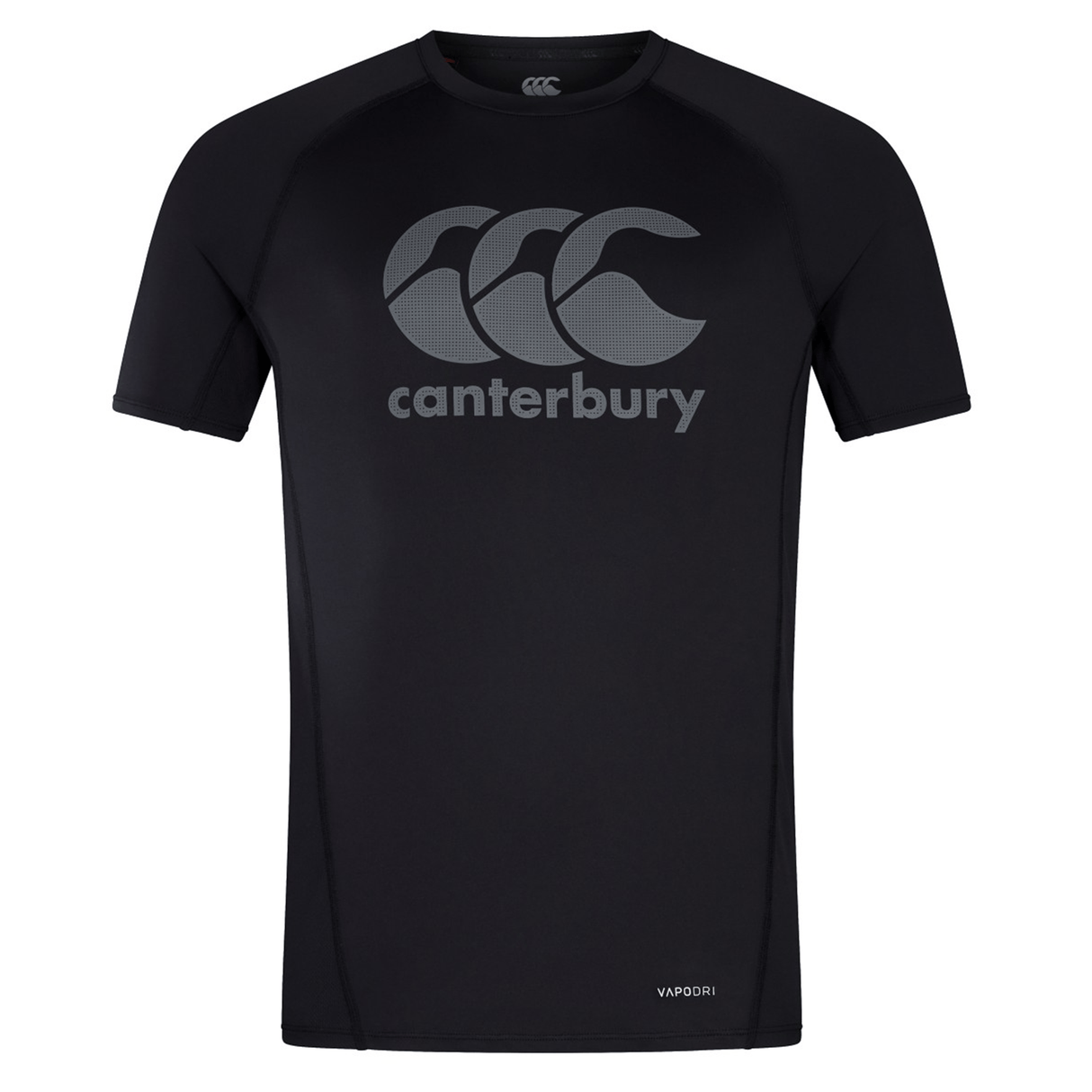 The Canterbury Large Logo Superlight Tee is a black short-sleeve performance shirt featuring a gray "Canterbury" logo and text on the chest, plus "Vapodri" near the hem to highlight its lightweight, moisture-wicking design.