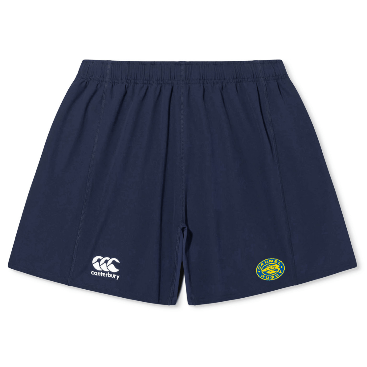 The Carmel Rugby Women's Yokohama Short by EMB Canterbury are navy blue, feature an elastic waistband for comfort, and include the Canterbury logo on the left with a yellow-green emblem on the right. Made from Vapodri fabric, these shorts keep you cool and dry.
