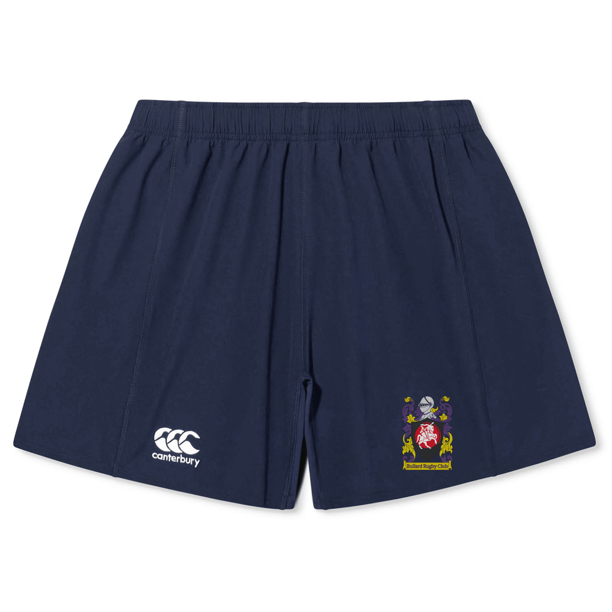 The CenCal Youth Bullard Yokohama Shorts by Canterbury, from EMB Canterbury, are navy blue athletic shorts made with lightweight, durable fabric. They feature an embroidered crest on one leg and the Canterbury logo on the other, making them perfect for a game of rugby or casual wear.