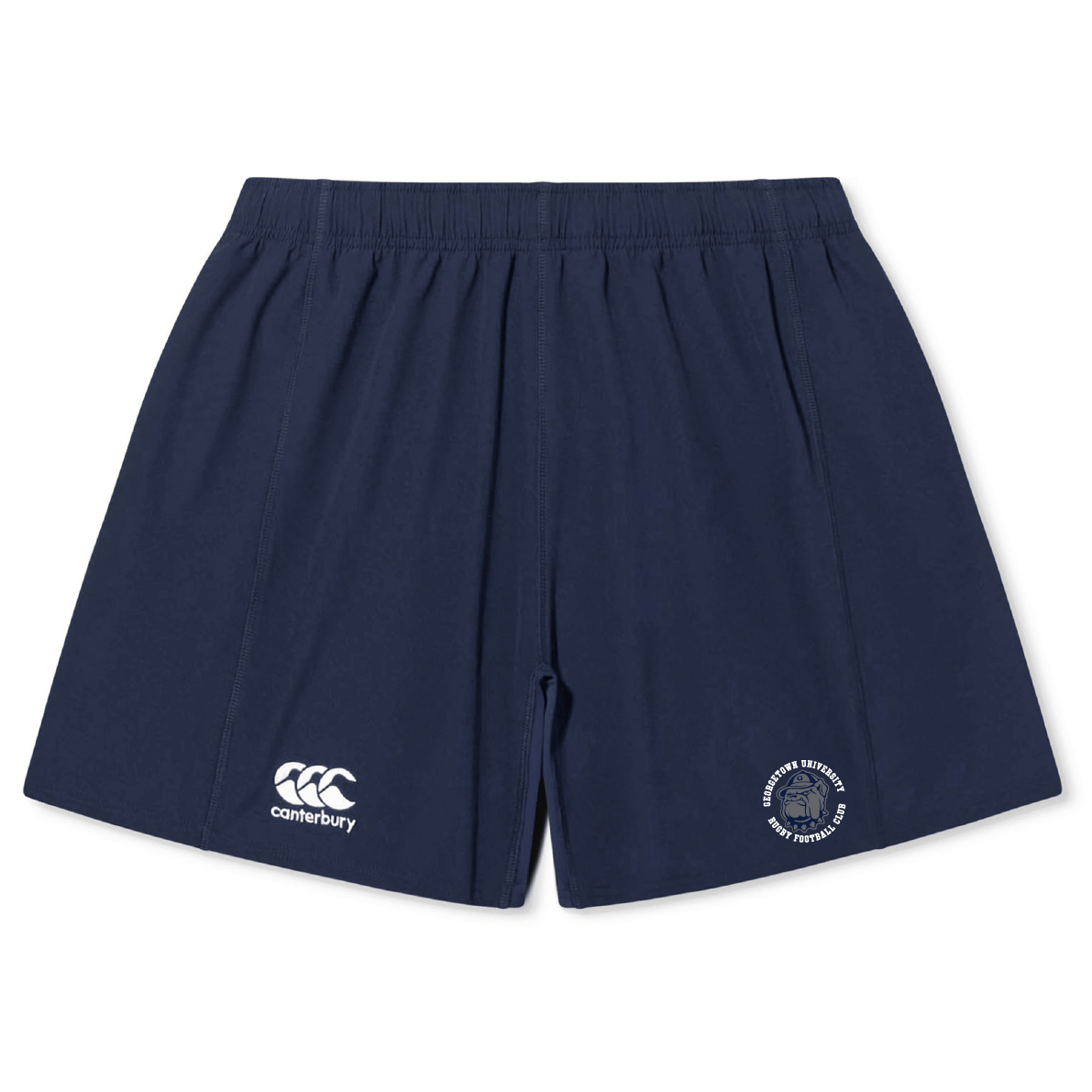 Introducing the Georgetown University RFC Women's Yokohama Shorts by EMB Canterbury in navy blue, crafted from Vapodri Fabric for enhanced breathability. These shorts showcase a white Canterbury logo on the left and a circular emblem on the right.