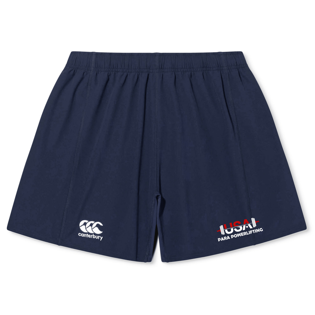 The USA Para Powerlifting Yokohama Short by Canterbury features an elastic waistband, Canterbury logo on the left leg, and "USA Para Powerlifting" on the right. These navy blue EMB Canterbury shorts offer lightweight durability for any athletic activity.