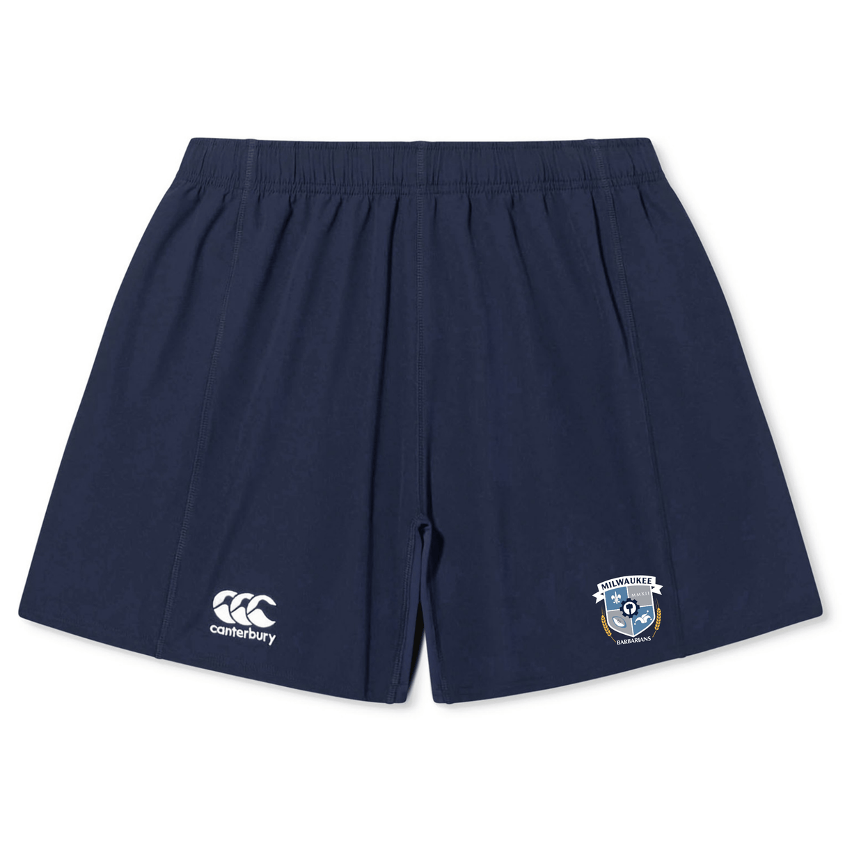 The Milwaukee Barbarians Rugby Yokohama Short by EMB Canterbury is navy blue with an elastic waistband, featuring the Canterbury logo on the left leg and a Milwaukee Barbarians crest on the right.