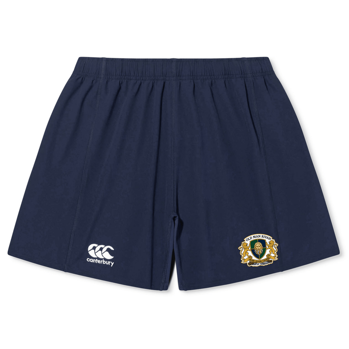 The Old Man Rivah Rugby Yokohama Short by EMB Canterbury showcases navy blue fabric, an elastic waistband, the Canterbury logo on the left leg, and a "SQUAD SAN RIHAN" crest on the right—lightweight and durable for training or matches.