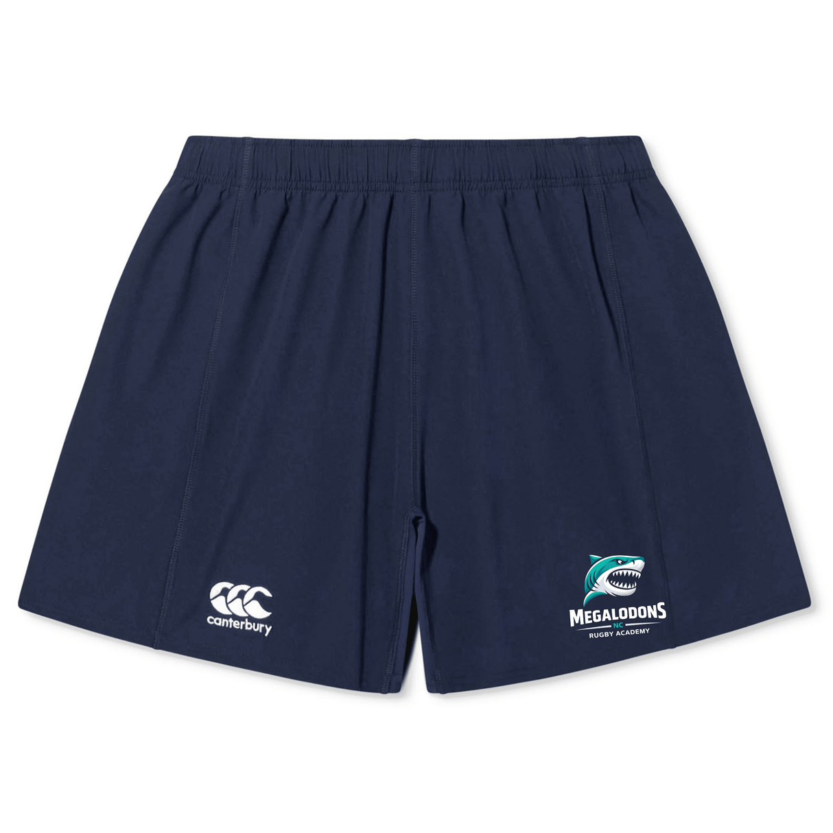 The NC Rugby Academy - Megalodons Yokohama Short by EMB Canterbury features lightweight, durable navy fabric, an elastic waistband, Canterbury's rugby logo on the left leg, and a Megalodons Rugby Academy logo on the right.