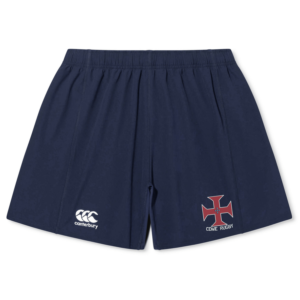 The SF CDME Rugby Yokohama Short by EMB Canterbury comes in navy blue and features a white Canterbury logo on the left leg, along with a red and white cross emblem labeled "CCVE RUGBY" on the right leg. Designed for both performance and comfort, these durable rugby shorts are ideal for use on the field.