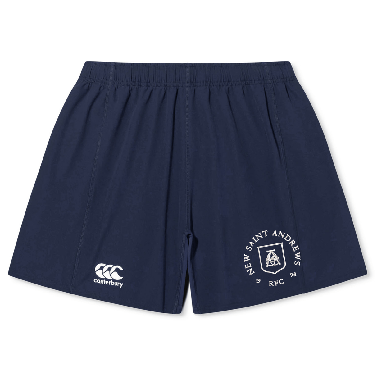Introducing the New Saint Andrews College Yokohama Short by EMB Canterbury: these navy blue athletic rugby shorts display “New Saint Andrews RFC” and a crest on one leg, with the iconic Canterbury logo on the other.