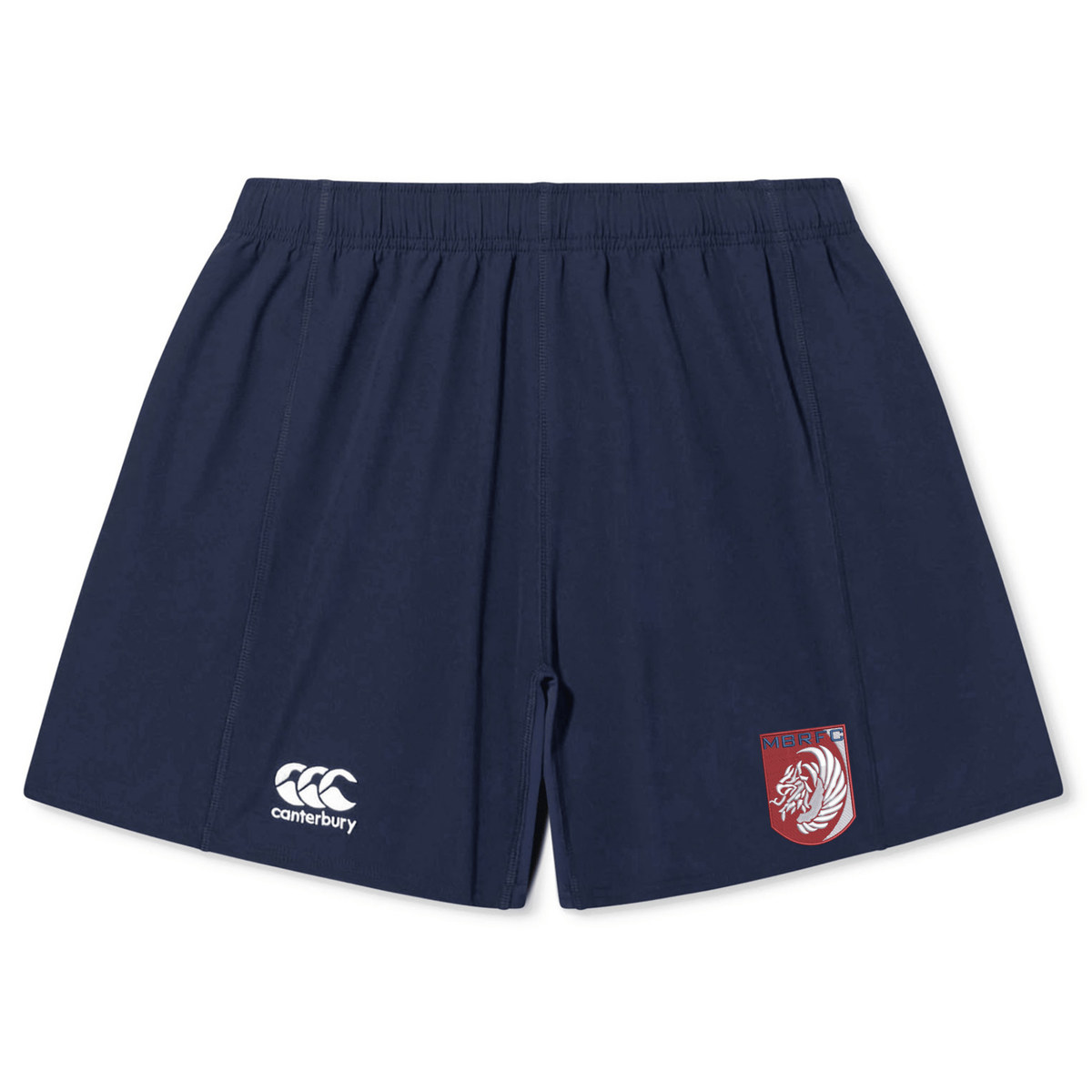 The Montgomery Bucks Griffins Women's Yokohama Short by EMB Canterbury features an elastic waistband, the iconic Canterbury logo on the left leg, and a red and white lion crest on the right—ideal women's rugby shorts.