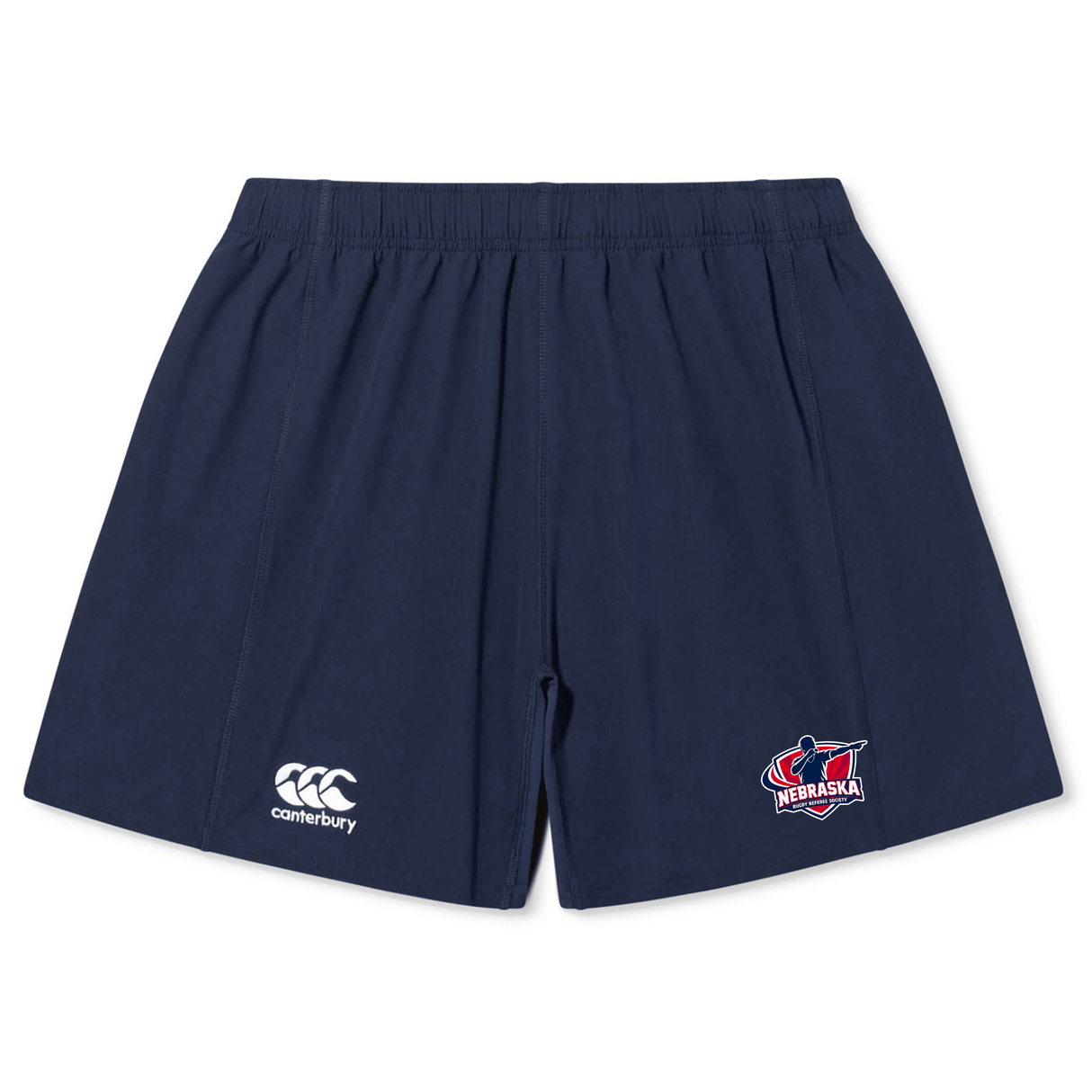 The Nebraska Rugby Referee Society Yokohama Short by EMB Canterbury features a navy blue design, elastic waistband, Canterbury logo on the left leg, and Nebraska sports logo on the right leg.