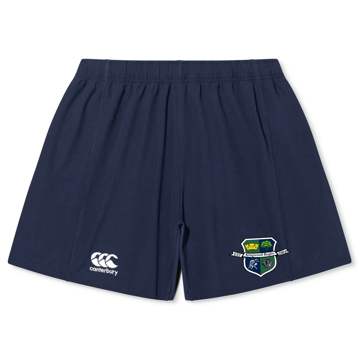 The EMB Canterbury Kingwood Rugby Yokohama Short features a navy blue design with an embroidered crest on the right leg and a white Canterbury logo on the left, inspired by the classic Yokohama Short.