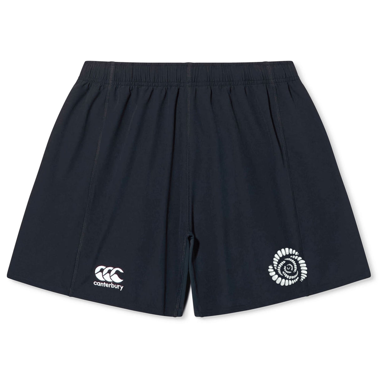 The Missoula All-Maggots Yokohama Short by EMB Canterbury are black athletic rugby shorts with an elastic waistband, featuring the EMB Canterbury logo on the left leg and a white fern emblem on the right leg. These classic Yokohama Shorts showcase Canterbury’s rugby heritage and performance.
