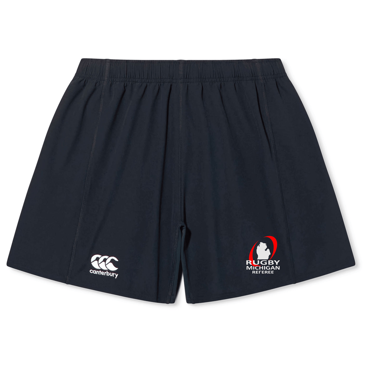 The black Rugby Michigan Referee Society Yokohama shorts by EMB Canterbury have a gathered waistband for comfort, featuring the "Canterbury" logo on the left and the "Rugby Michigan Referee Society" logo on the right.