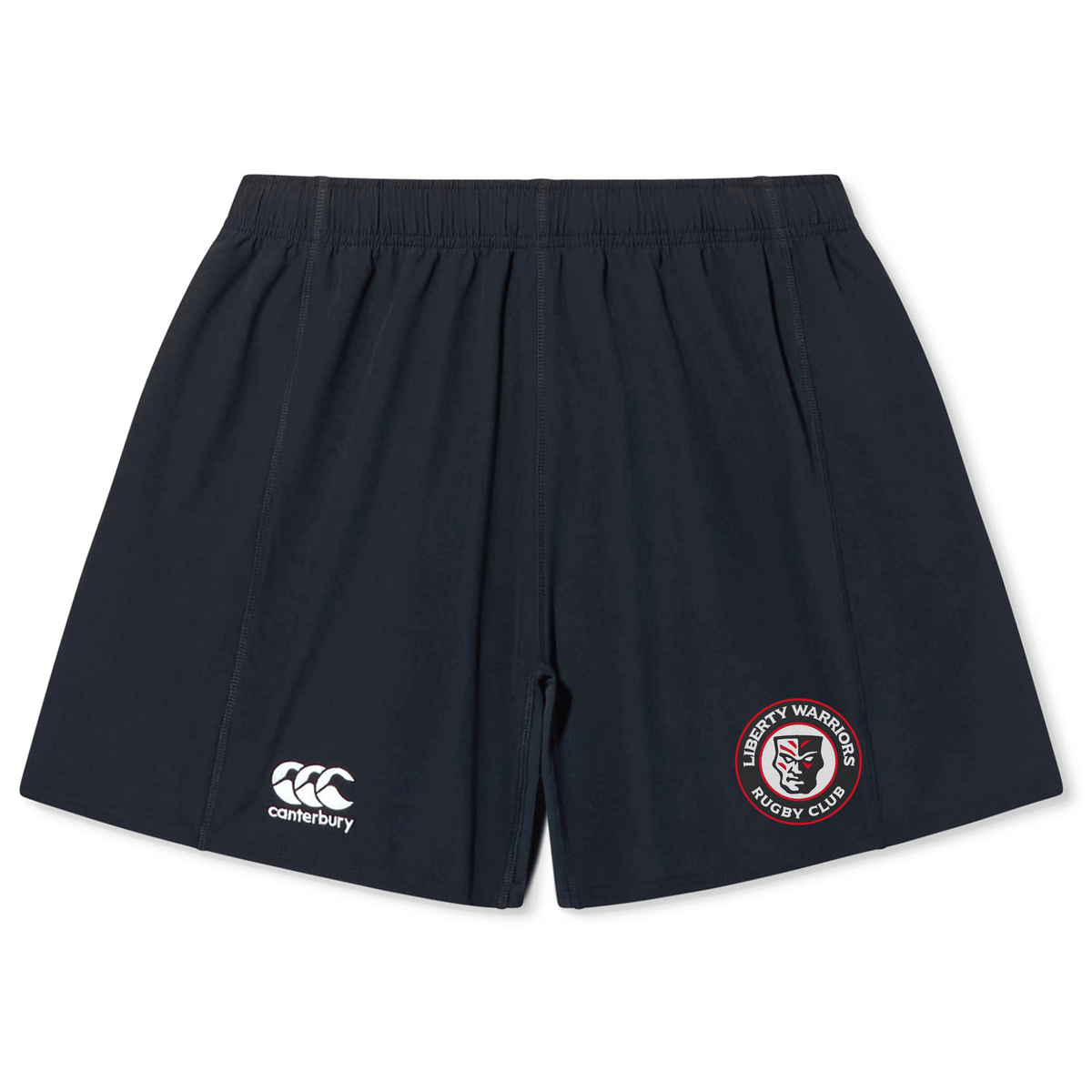 These stylish black rugby shorts, known as the Liberty Lake Warriors Yokohama Short by Canterbury, feature the iconic EMB Canterbury logo on the left leg and proudly display the "Liberty Lake Warriors Rugby Club" emblem on the right. Ideal for any rugby fan eager to showcase their team pride.
