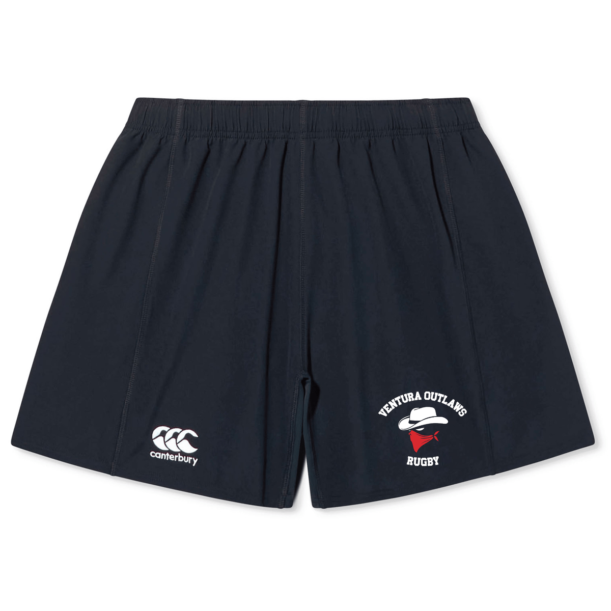 Introducing the Ventura Outlaws Rugby Yokohama Short by Canterbury, featuring a sleek black design adorned with an EMB Canterbury logo on the left leg and a striking "Ventura Outlaws Rugby" logo on the right leg. Ideal for showcasing your support during the 2019 Rugby World Cup.