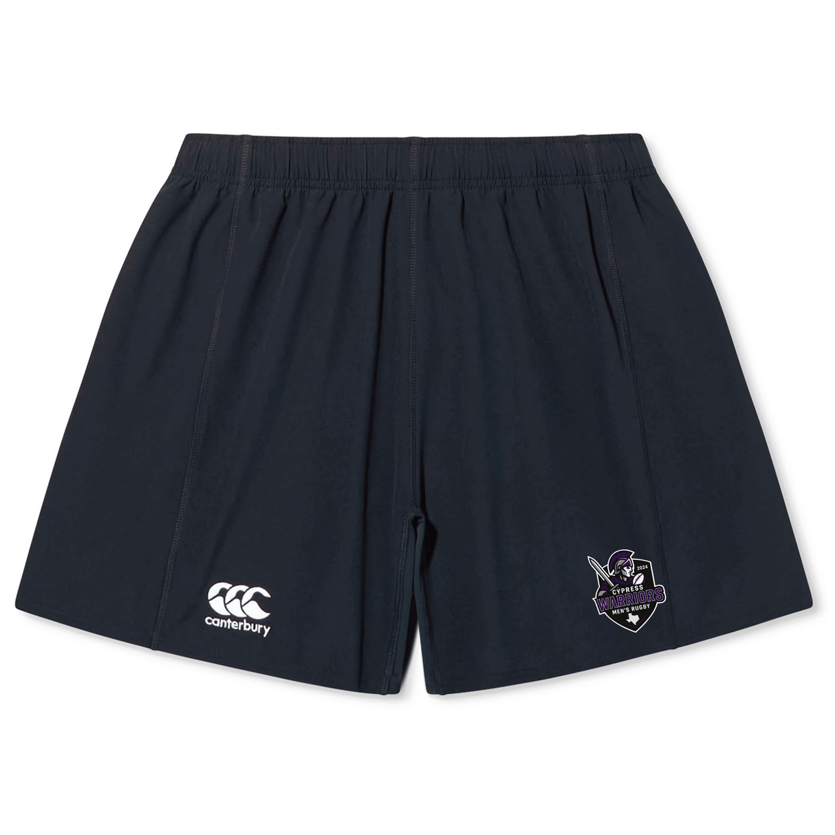 The Cypress Warriors Men's Rugby Yokohama Short by EMB Canterbury features an elastic waistband, lightweight durable fabric, the Canterbury logo on the left leg, and a Cypress Warriors emblem on the right.