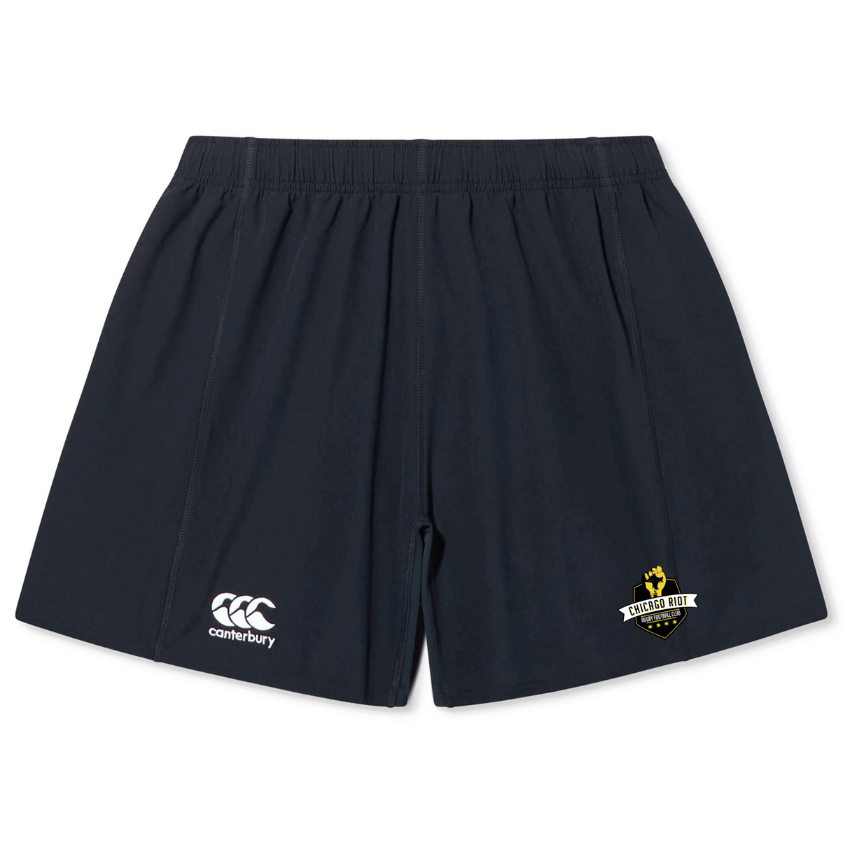The Chicago Riot Yokohama Short by EMB Canterbury features an elastic waistband, a white Canterbury logo on the left leg, and a yellow and black Yokohama Short soccer club crest on the right.