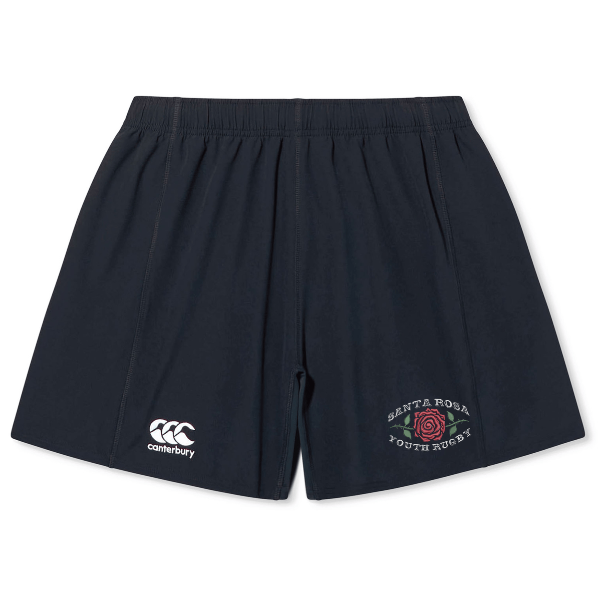 The Santa Rosa Youth Rugby Yokohama Short by EMB Canterbury features a navy blue design with an elastic waistband for optimal comfort and durability. The left leg is adorned with the Canterbury logo, while the right leg displays “Santa Rosa Youth Rugby” alongside a rose emblem. Perfect for any match or training session, these Yokohama style rugby shorts are made to withstand the rigors of play.