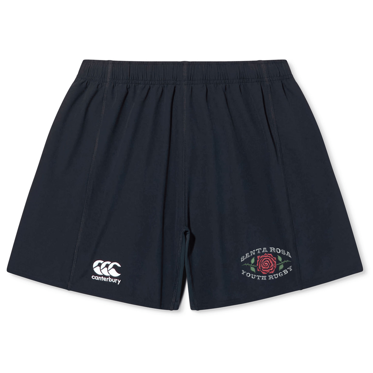 The Santa Rosa Youth Rugby Yokohama Short by EMB Canterbury features a navy blue design with an elastic waistband for optimal comfort and durability. The left leg is adorned with the Canterbury logo, while the right leg displays “Santa Rosa Youth Rugby” alongside a rose emblem. Perfect for any match or training session, these Yokohama style rugby shorts are made to withstand the rigors of play.