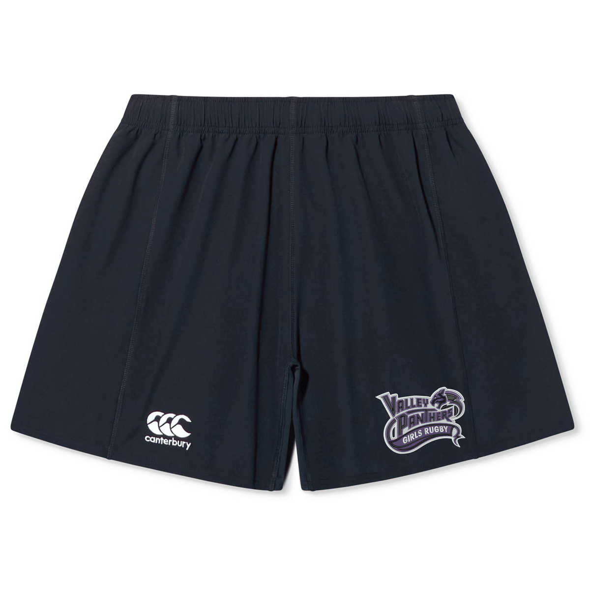 The Valley Panthers Girls Rugby Yokohama Short by EMB Canterbury are black rugby shorts featuring an elastic waistband for comfort, the classic Canterbury logo on the left leg, and the “Valley Panthers Girls Rugby” logo on the right—perfectly designed for performance on the field.