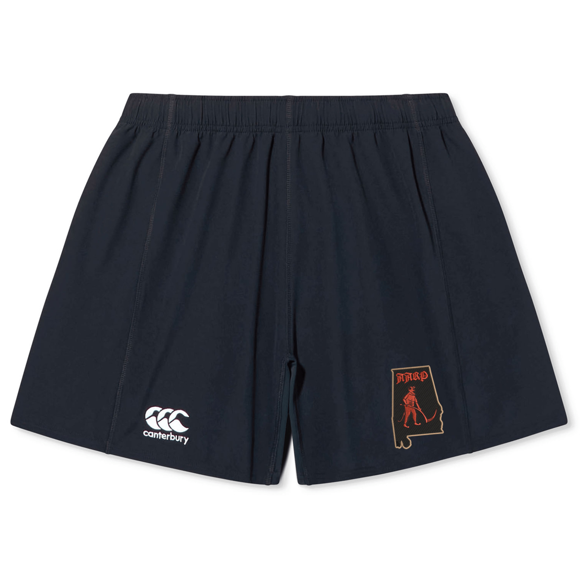 Black Aging Alabama Rugby Players Yokohama Short by Canterbury featuring a logo of a hockey player silhouette over the state of Alabama.