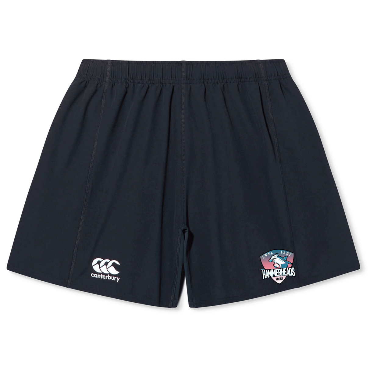 The SWFL Lady Hammerheads Yokohama Short by WRS Canterbury features a Canterbury logo on the left leg and a Hammerheads logo on the right, made from lightweight durable fabric for comfort and performance.
