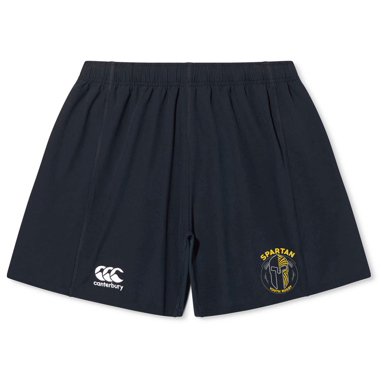 The Spartan Youth Rugby Yokohama Short by EMB Canterbury features a navy blue design, elastic waistband, CCC Rugby Yokohama Short logo on the left leg, and a Spartan Youth Rugby Club emblem on the right leg.