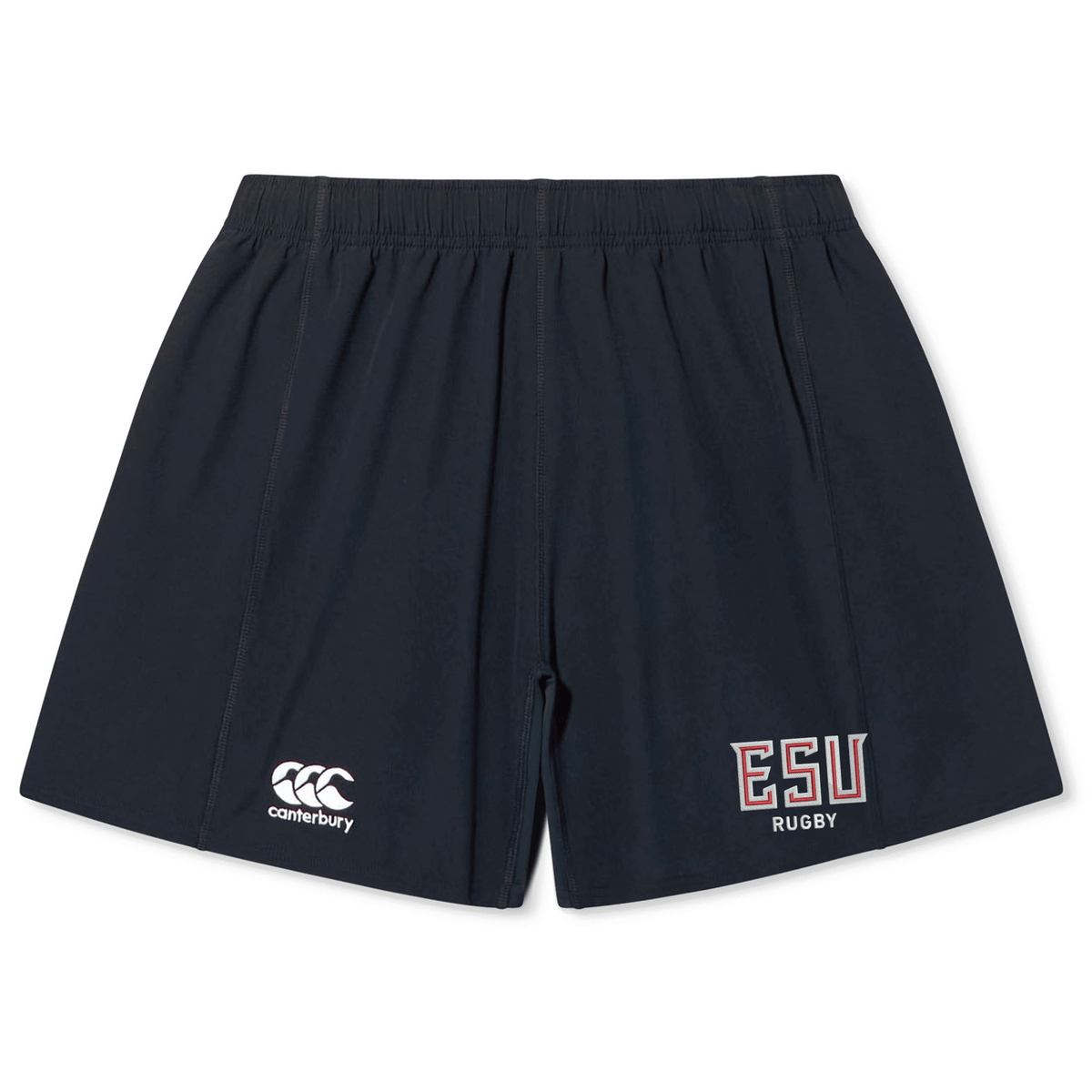 The East Stroudsburg University Yokohama Short by EMB Canterbury is a black rugby short with the iconic logo on the left leg and "ESU Rugby" on the right—ideal for training or match days.